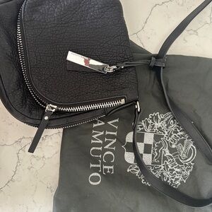 Vince Camuto Black Pebbled Leather Zip Crossbody with Silver Hardware